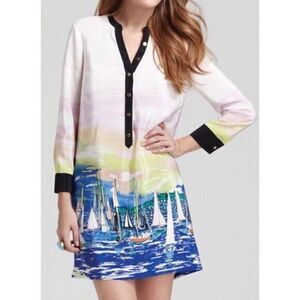 Juicy Couture silk dress marina watercolor print sailboat button dress size US 2